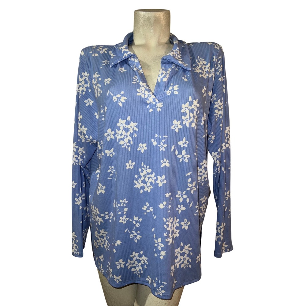 New LuLaRoe Top Blue Floral Ribbed Knit Long Sleeve V-Neck Collared Shirt XL NWT